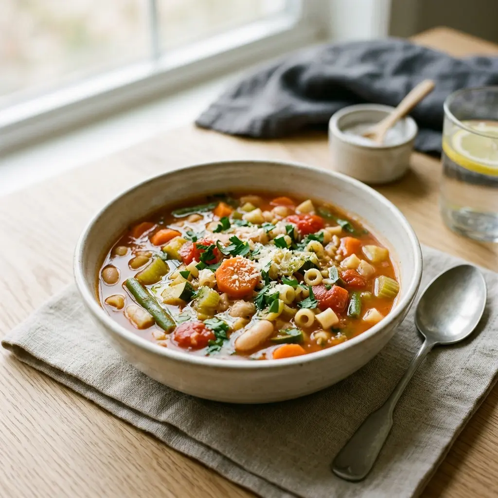 En varm og farverig skål med hjemmelavet minestrone fyldt med friske grøntsager og pasta