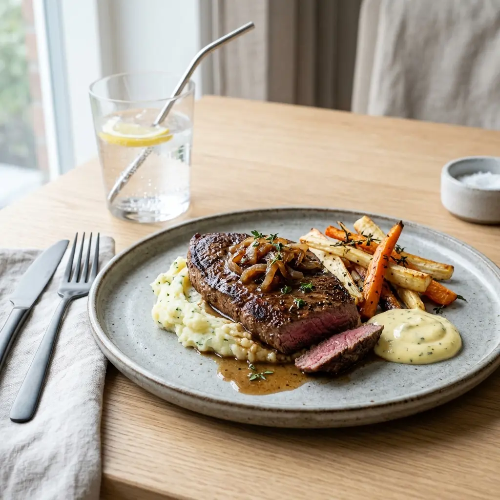 En saftig og veltilberedt minutbøf serveret på en tallerken klar til at blive nydt med tilbehør