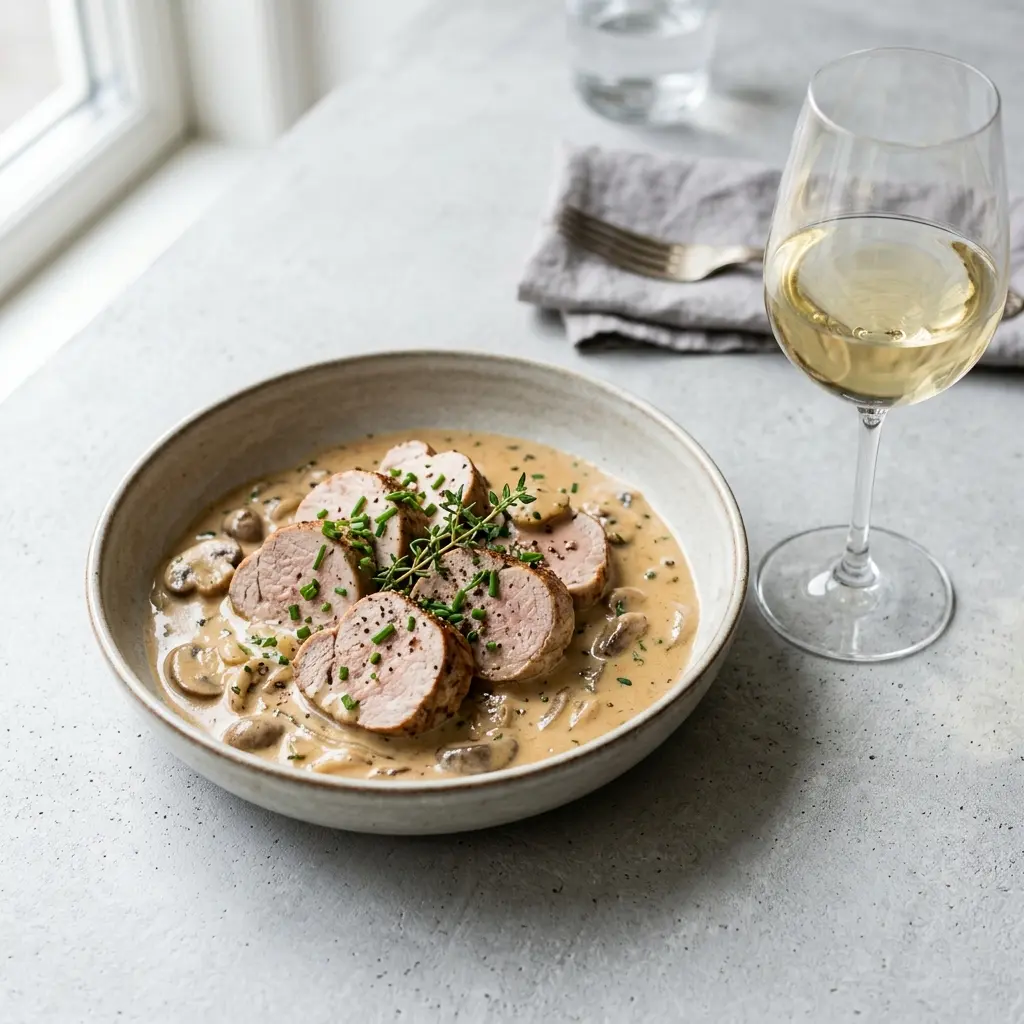 En lækker og cremet mørbrad a la creme serveret med friske krydderurter på toppen