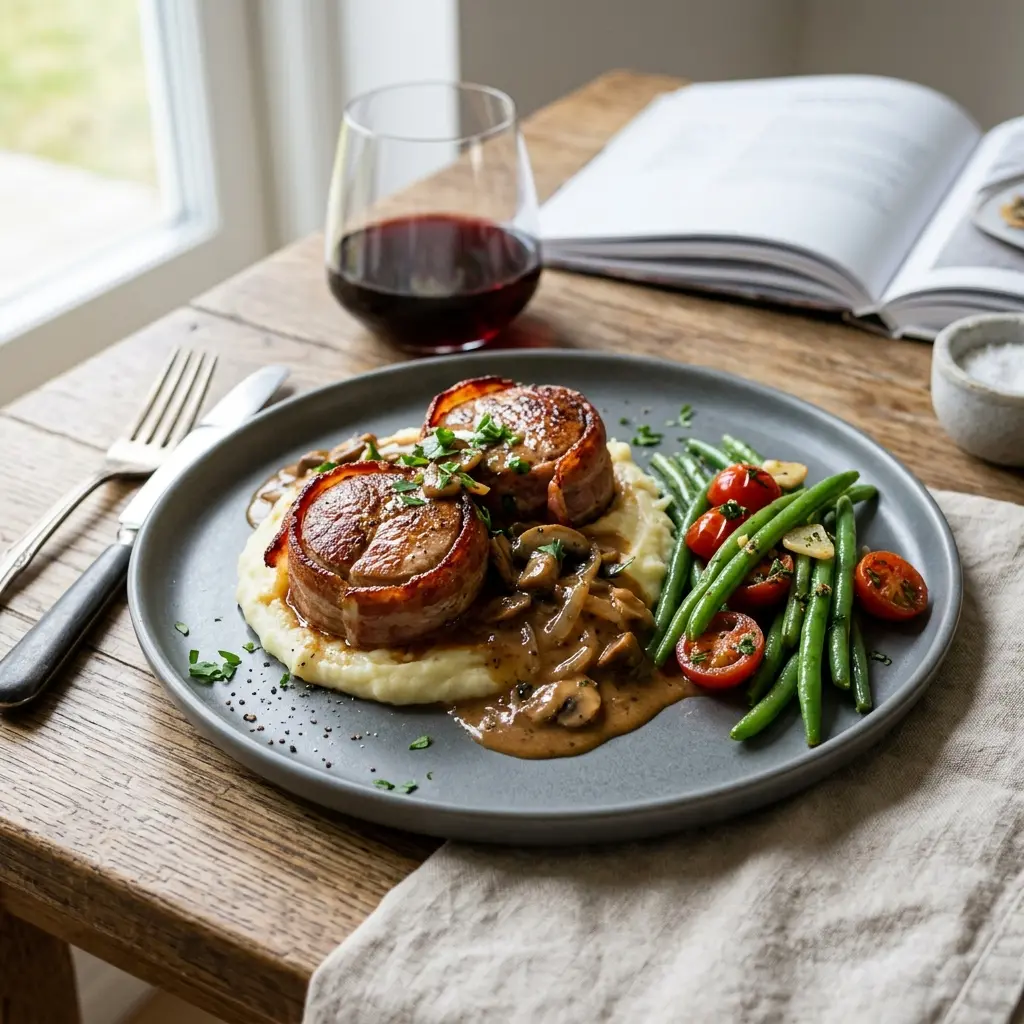 Saftige mørbradbøffer med bacon serveret på en tallerken klar til at blive nydt til aftensmad