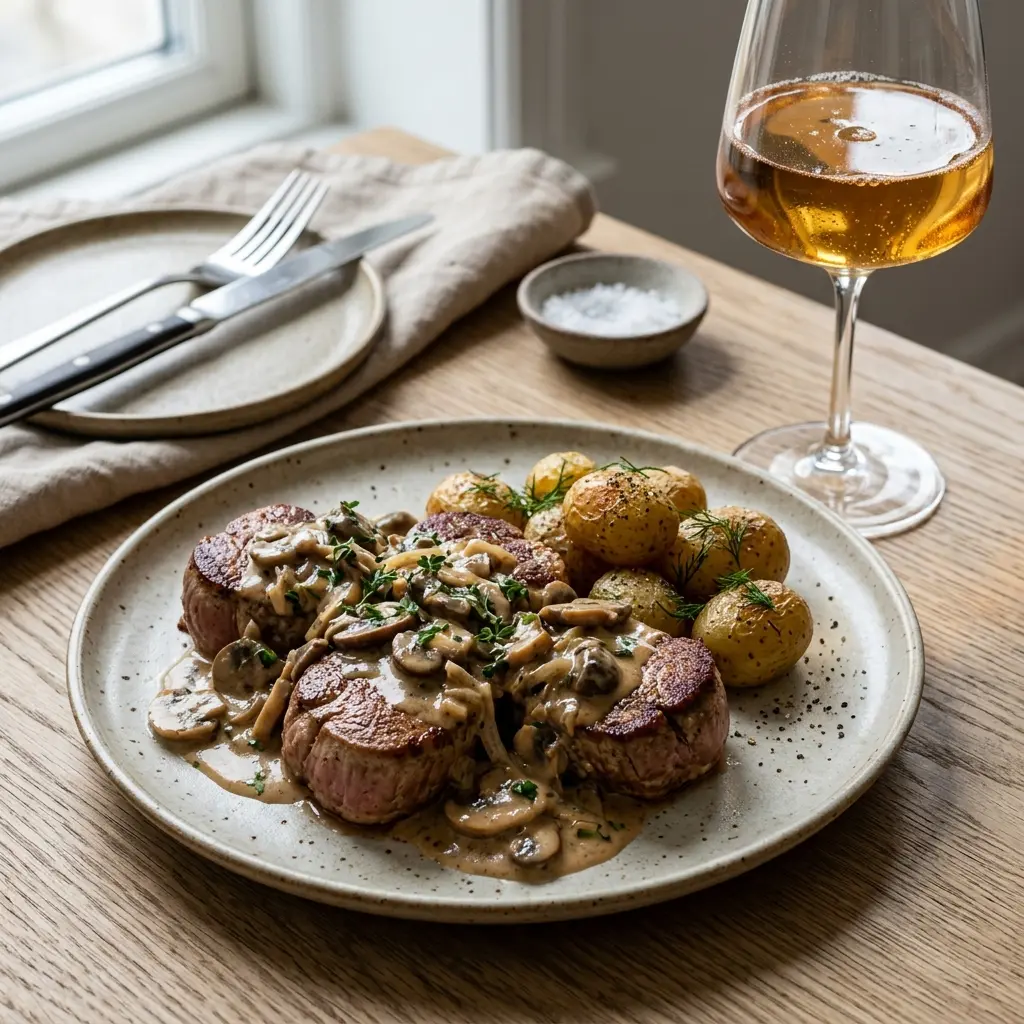 Lækre mørbradbøffer med champignon serveret med en cremet sauce på en hvid middagstallerken