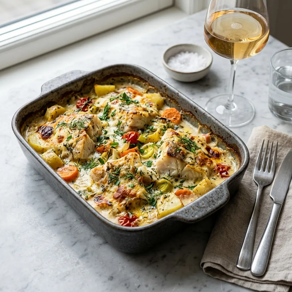 En lækker og velsmagende mørksej i fad serveret med friske grøntsager og en cremet sauce