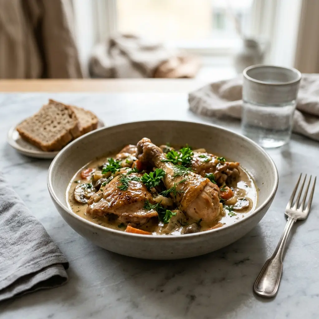 En lækker og klassisk mormorkylling serveret med sprødt skind og en fyldig cremet sauce