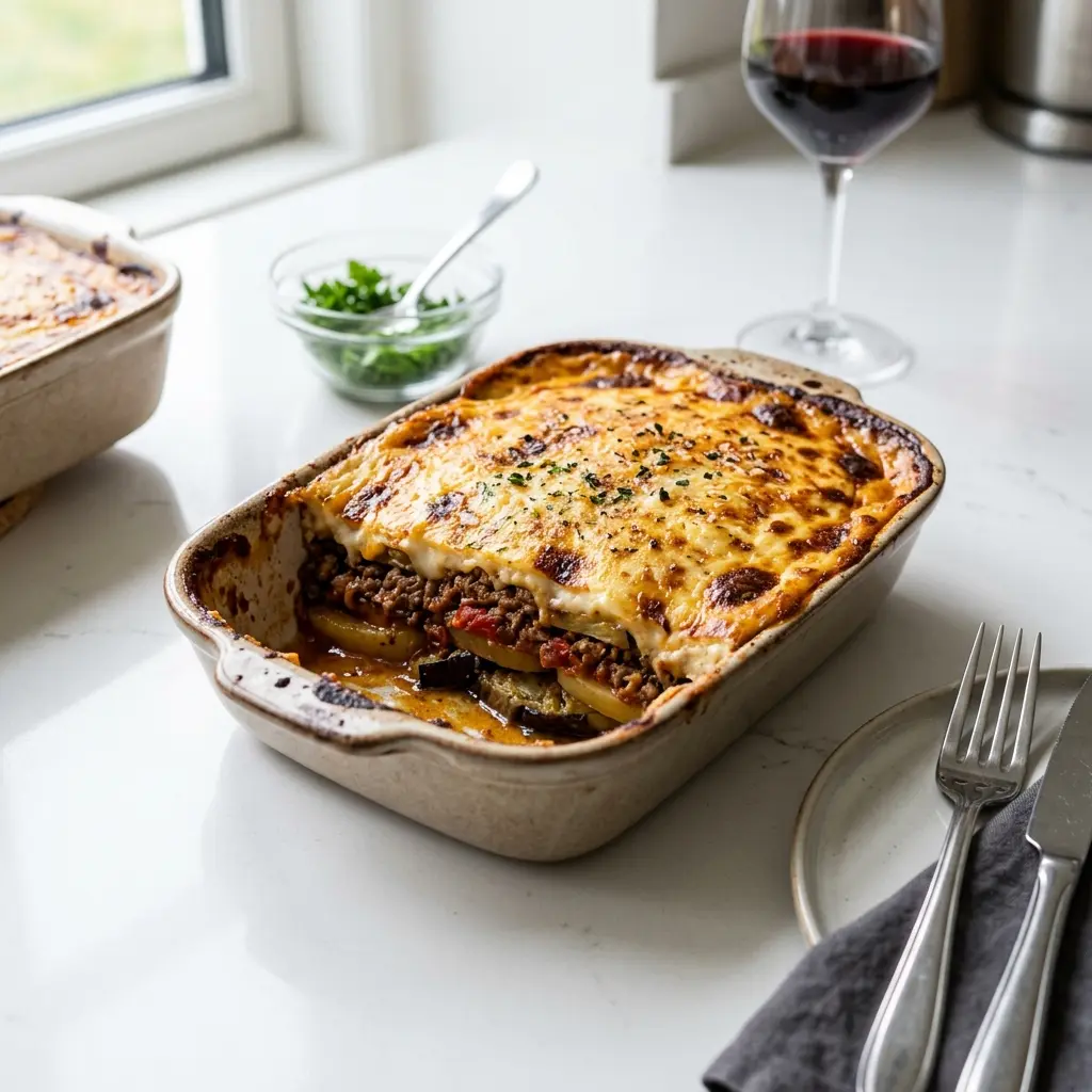 En lækker hjemmelavet moussaka med lam serveret i et ildfast fad klar til servering