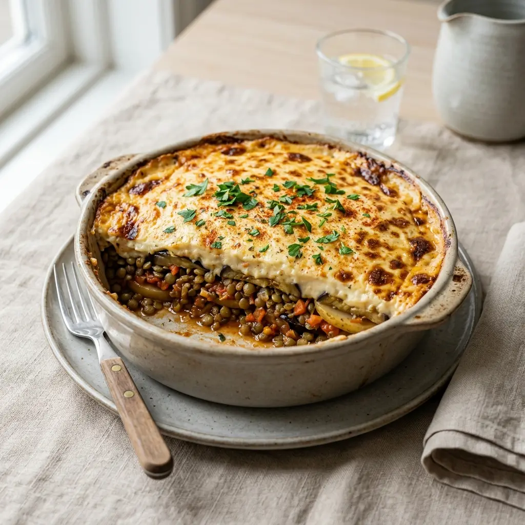 En lækker og velsmagende vegetarisk moussaka med linser serveret i et ildfast fad på bordet