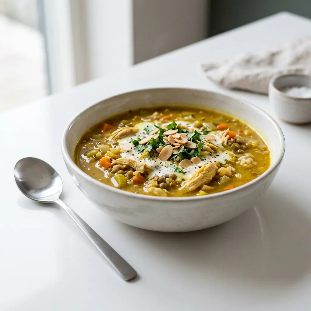 En varm og smagfuld skål med mulligatawny suppe med kylling serveret med friske krydderurter på toppen