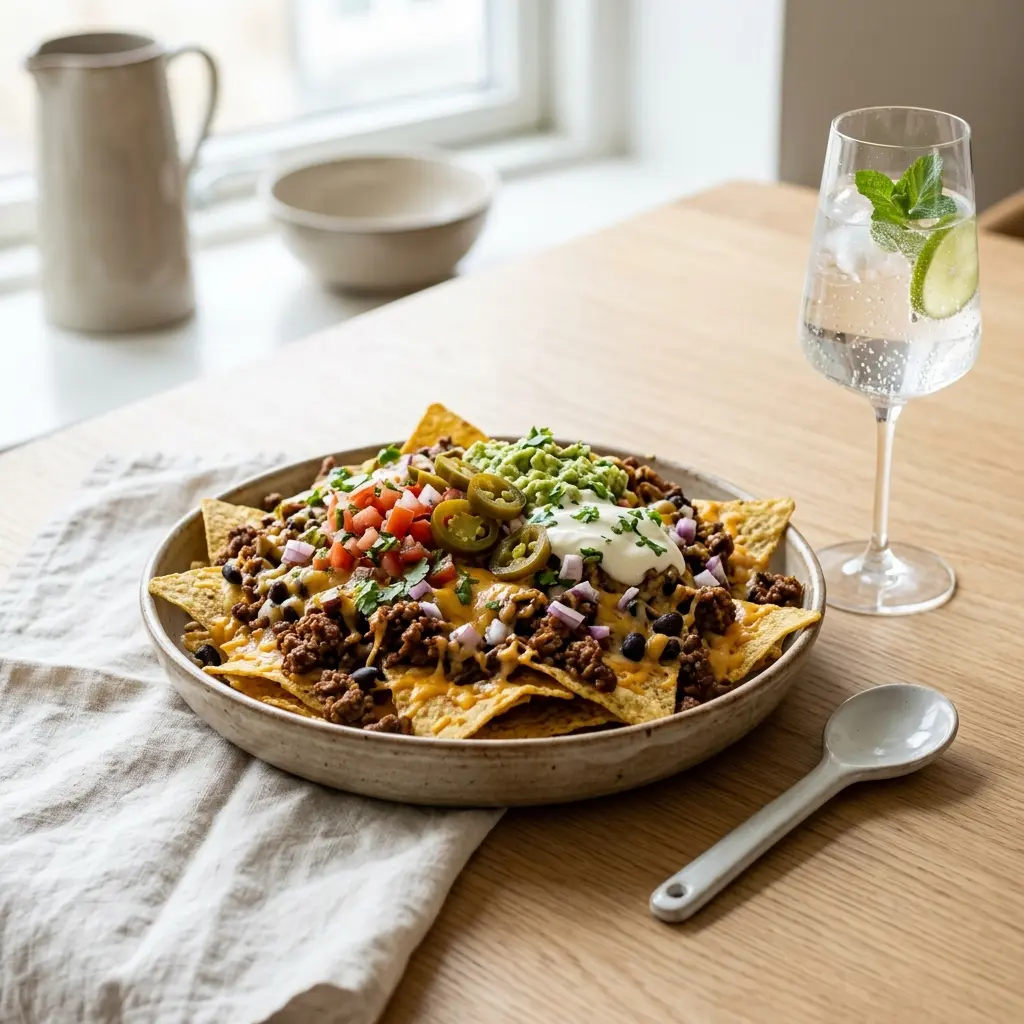 En lækker tallerken med sprøde nachos med oksekød toppet med smeltet ost og friske grøntsager