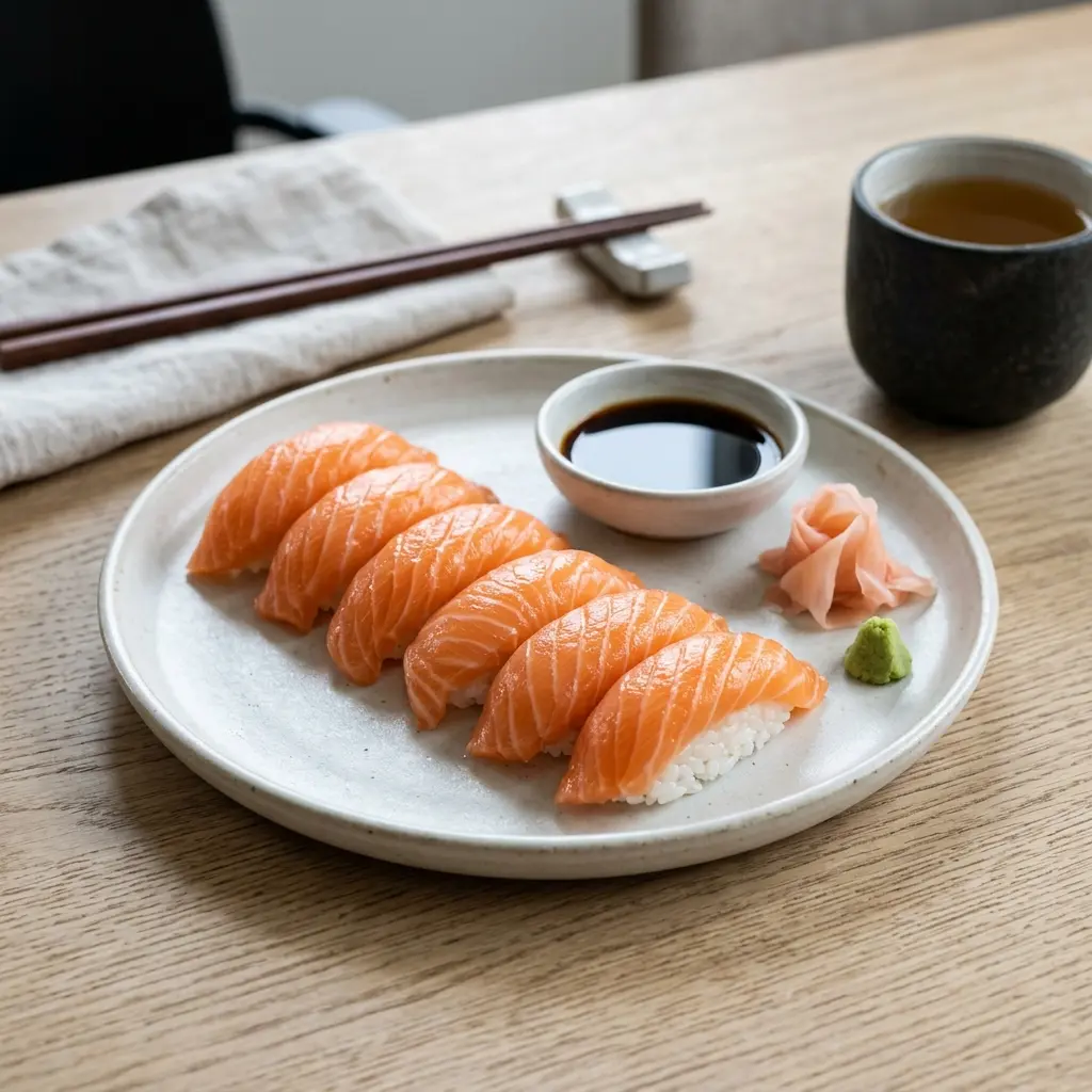En frisk anrettet nigiri med laks placeret på en hvid tallerken klar til servering