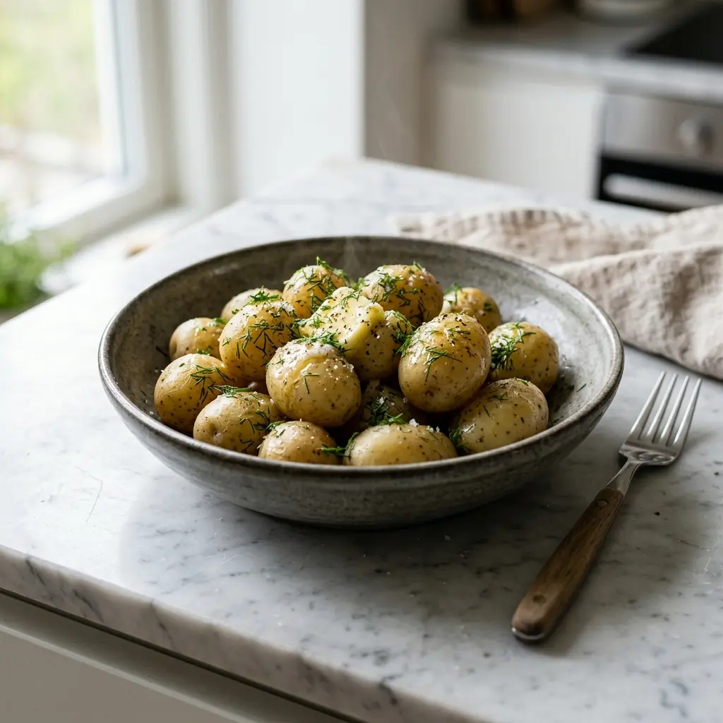 En tallerken med friske nye kartofler med smør og dild klar til at blive serveret