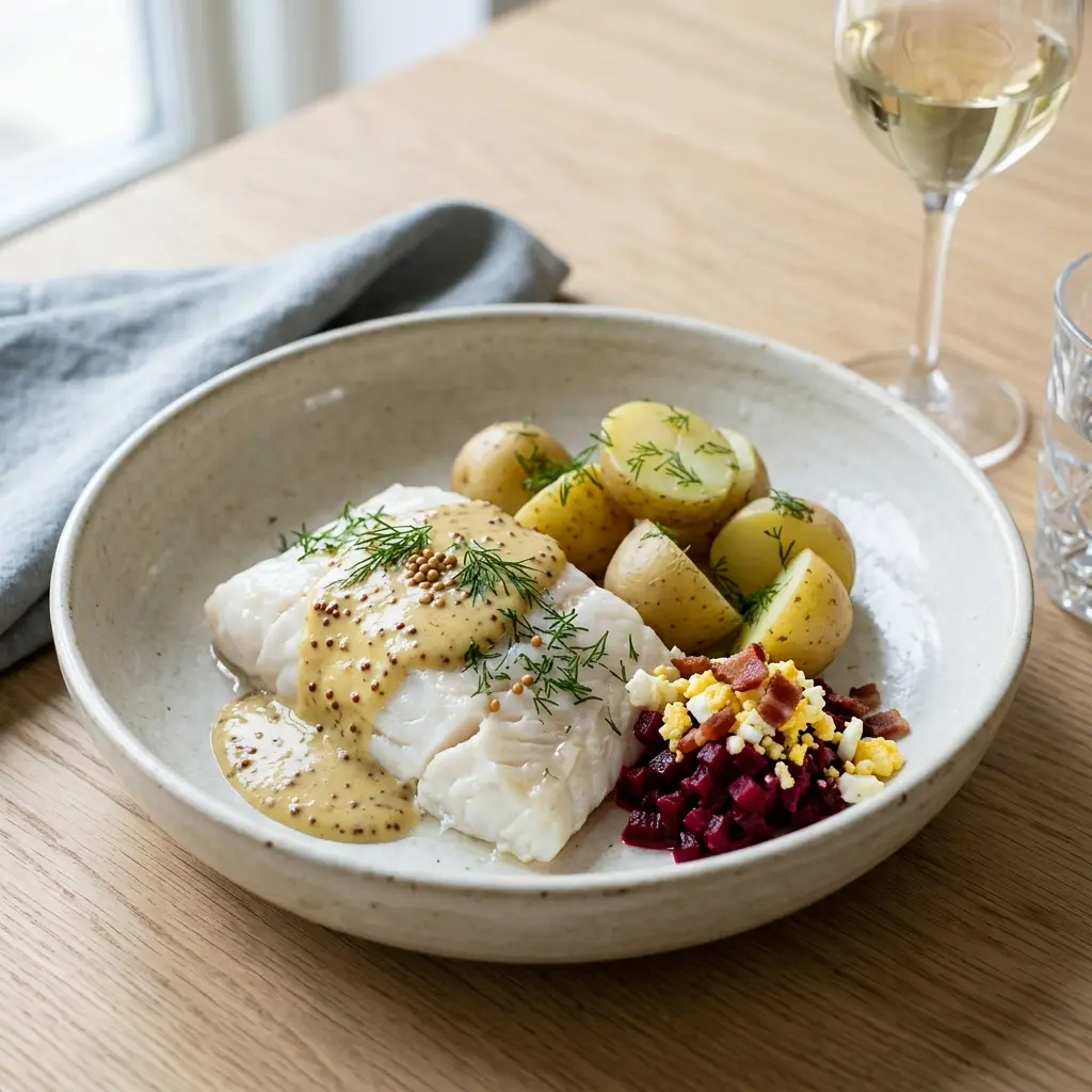 En smukt anrettet nytaarstorsk serveret med klassisk tilbehoer og en cremet sauce til en festlig middag