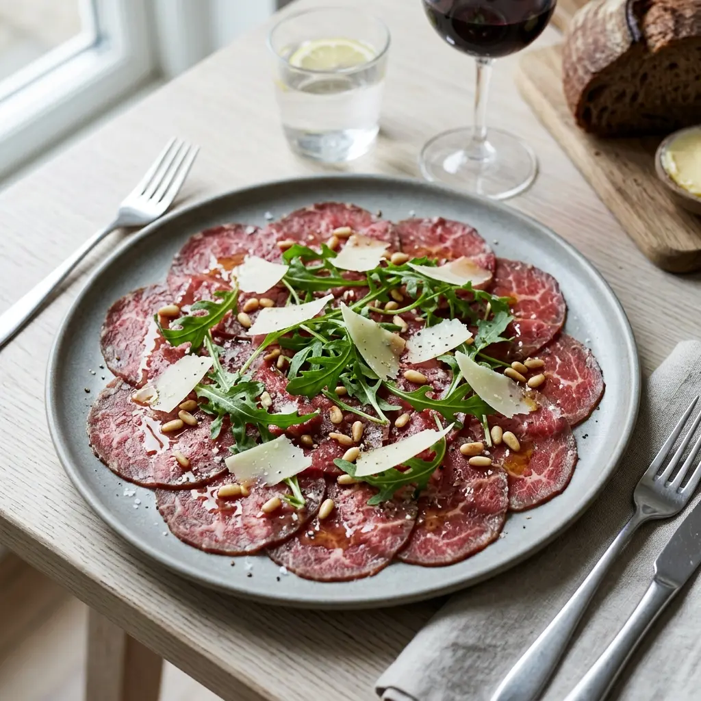 En elegant tallerken med tynde skiver af okse carpaccio serveret med frisk parmesan og krydderurter