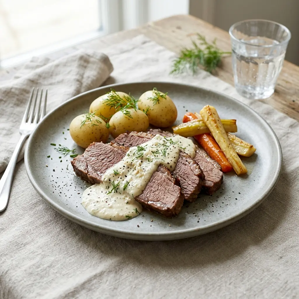 Et veltilberedt stykke mørt oksebryst med peberrodssauce serveret på en klassisk middagstallerken med tilbehør