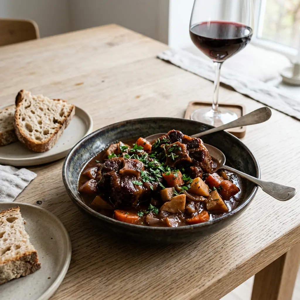 En tallerken med møre oksehaler i rødvin serveret med en fyldig og smagfuld sauce