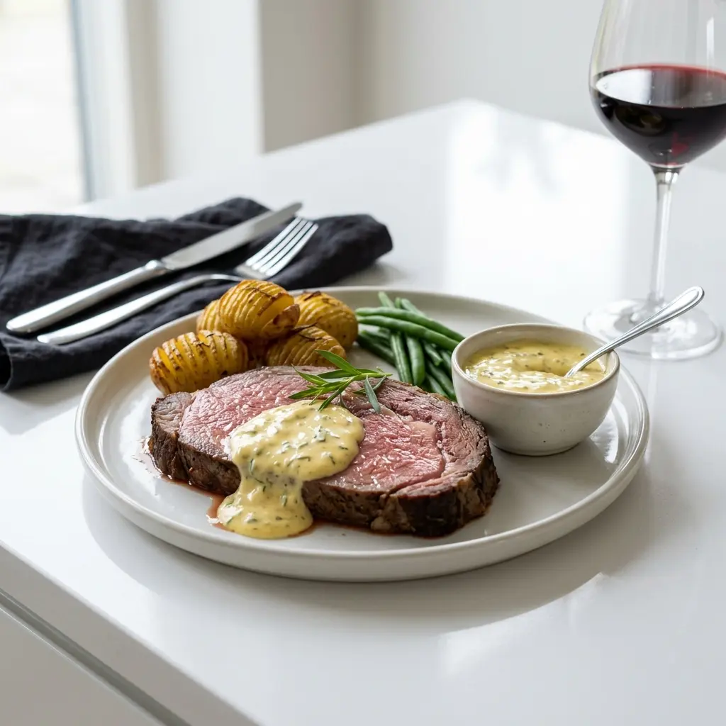 En veltilberedt og saftig oksesteg med bearnaisesovs serveret på et flot fad med garniture
