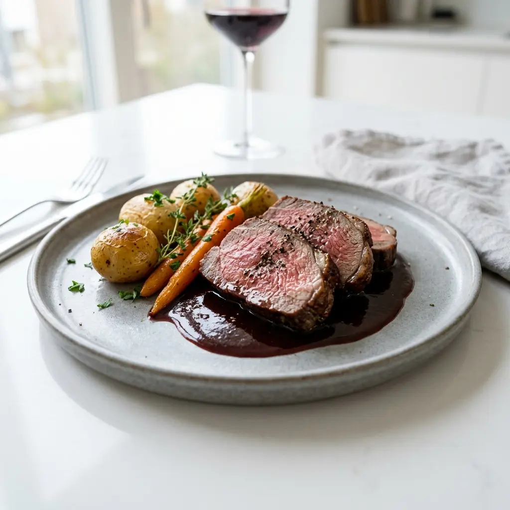 En lækker og mør oksesteg med rødvinssauce serveret på et flot fad til en middag