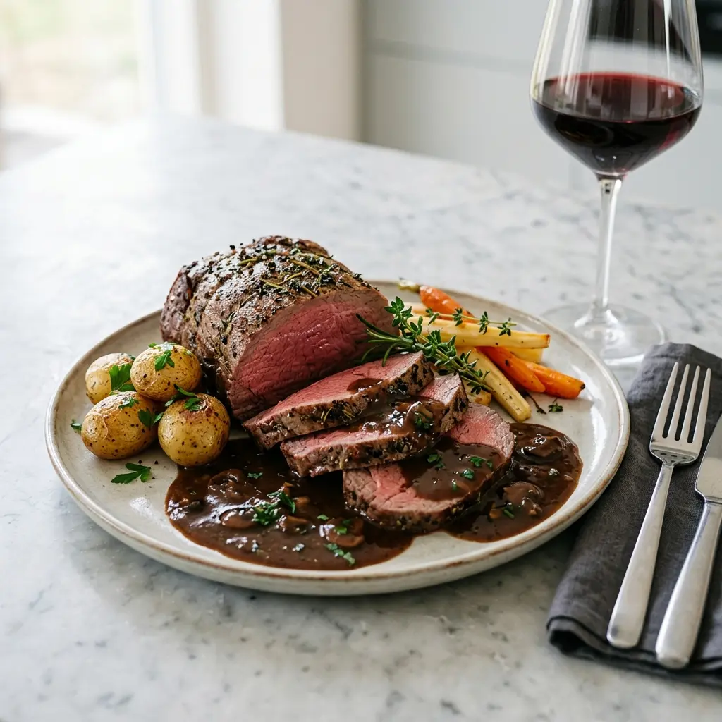 En lækker og mør oksesteg med vildtsauce serveret på et flot fad med friske krydderurter