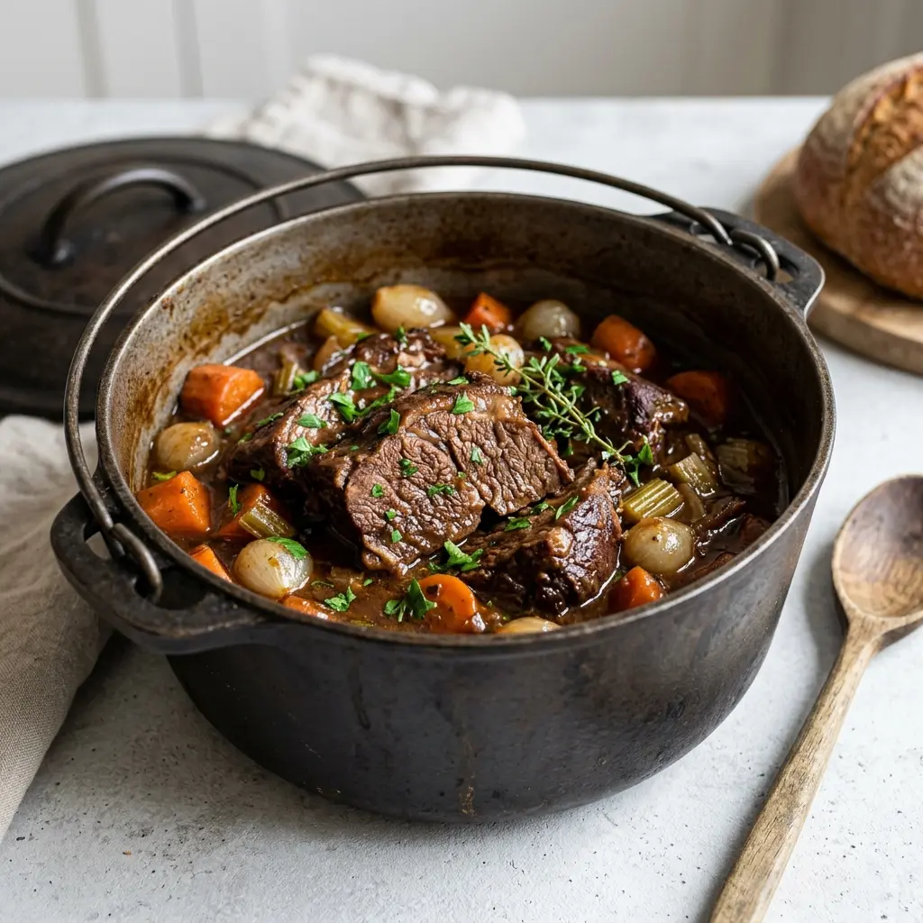 En lækker og mør oksetykkam i gryde serveret med friske krydderurter og en fyldig sauce