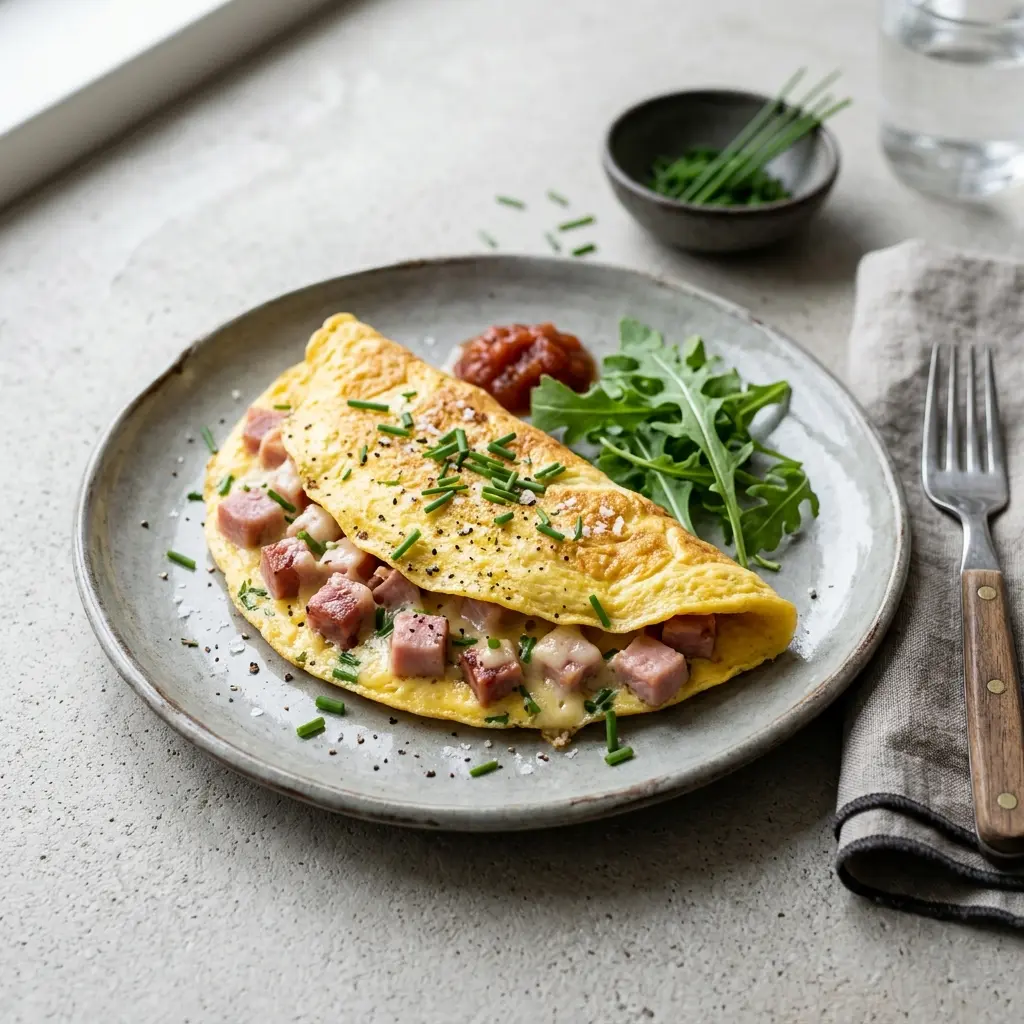 En lækker og veltilberedt omelet med skinke serveret på en hvid tallerken til morgenmad