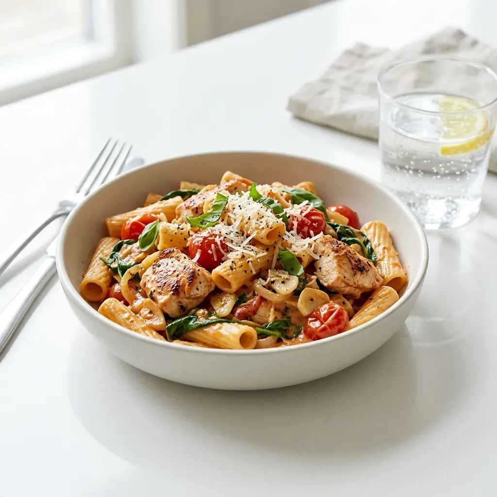 En lækker og cremet one pot pasta med kylling serveret direkte fra en stor gryde
