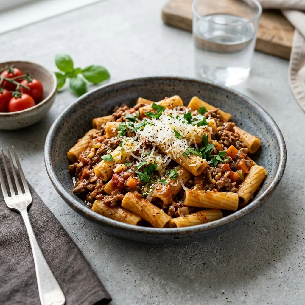 En lækker og cremet one pot pasta med oksekød serveret direkte fra en stor gryde