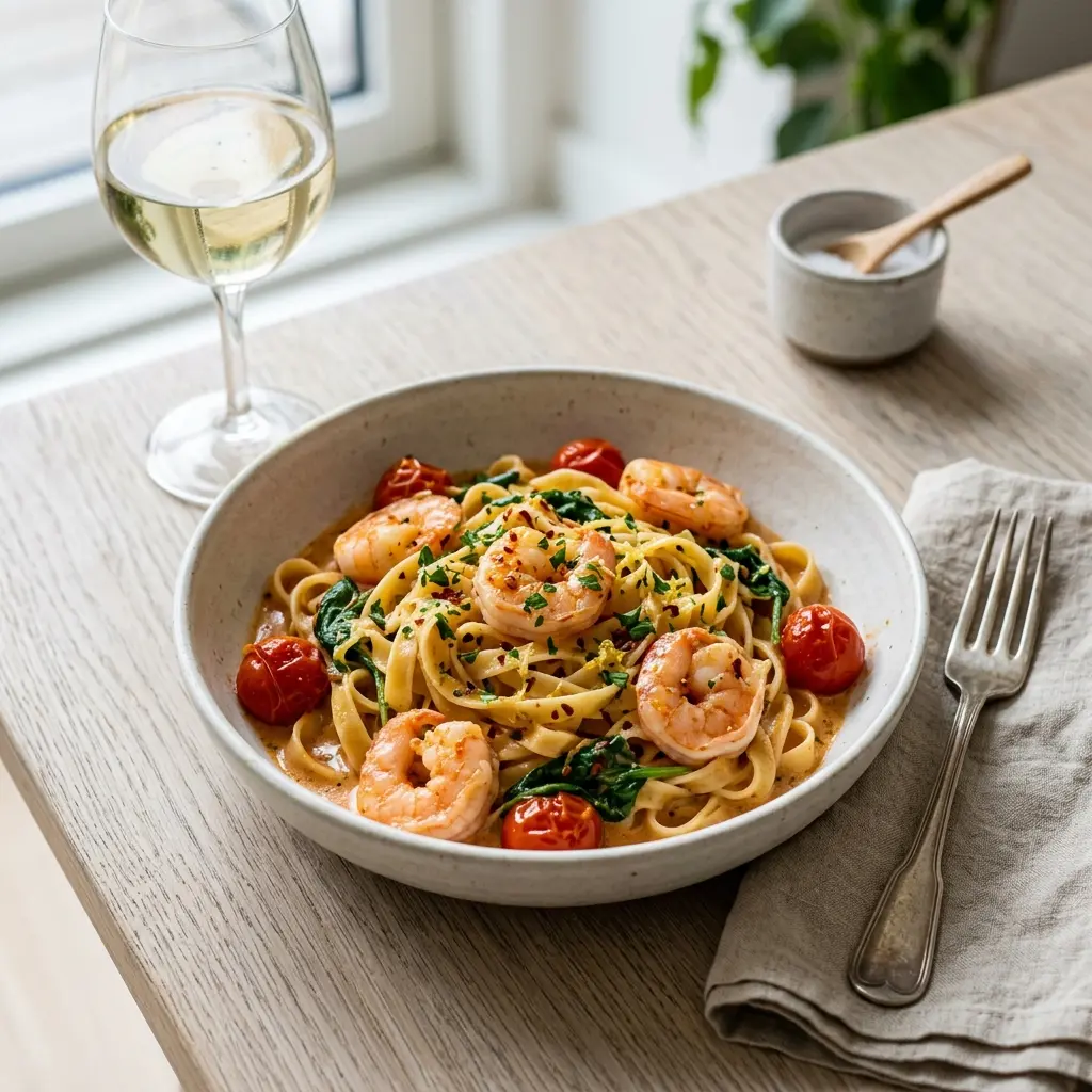 En lækker og cremet one pot pasta med rejer serveret direkte fra en stor stegepande