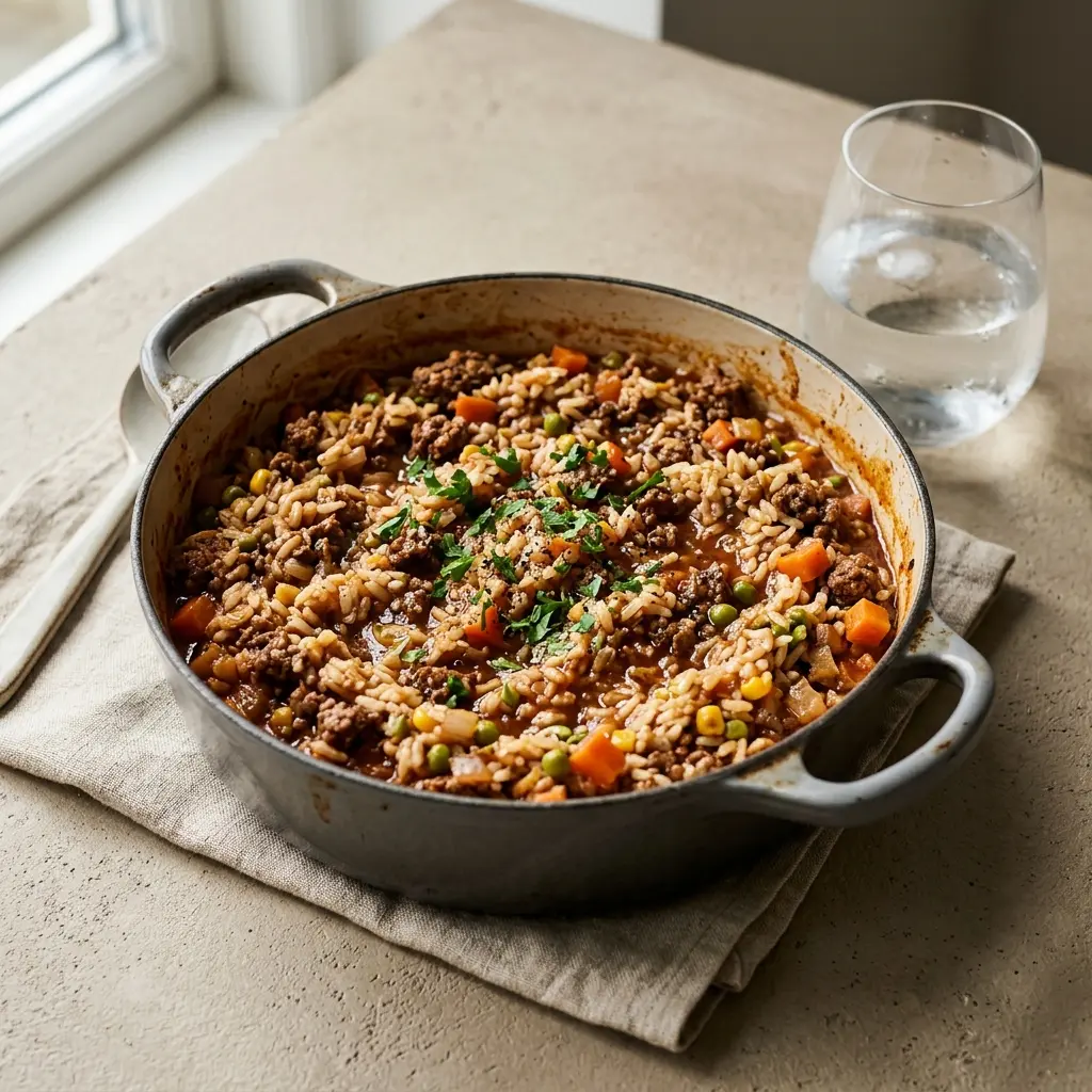 En lækker og cremet one pot ris med oksekød serveret i en dyb tallerken