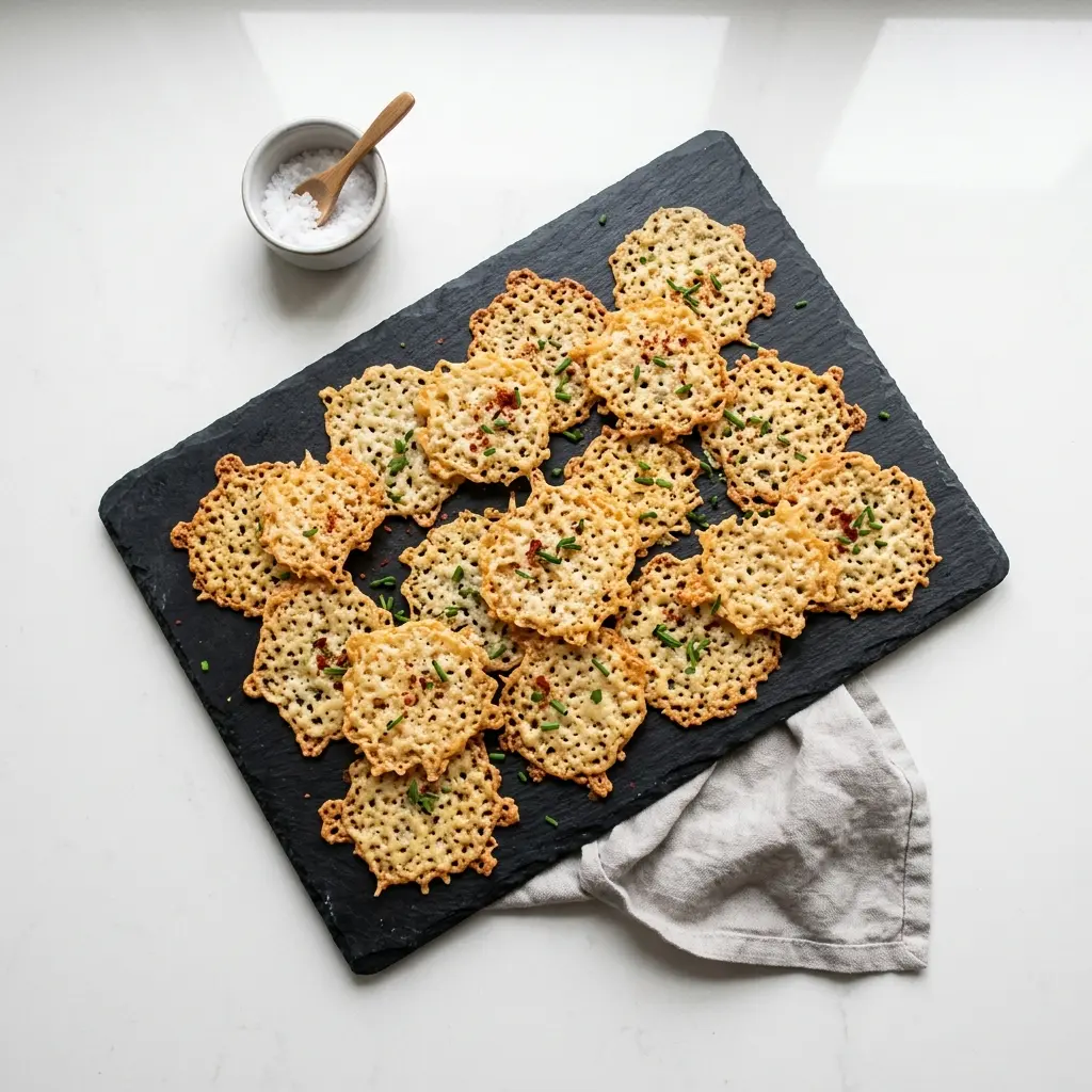 En tallerken med sprøde og gyldne ostechips serveret som en lækker og salt lille snack