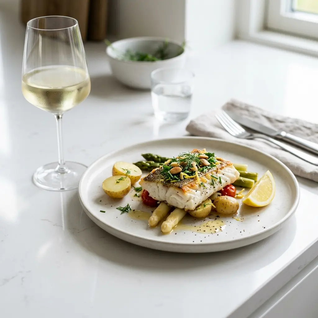 En lækker ovnbagt kulmule serveret med friske krydderurter på et flot rustikt serveringsfad af keramik