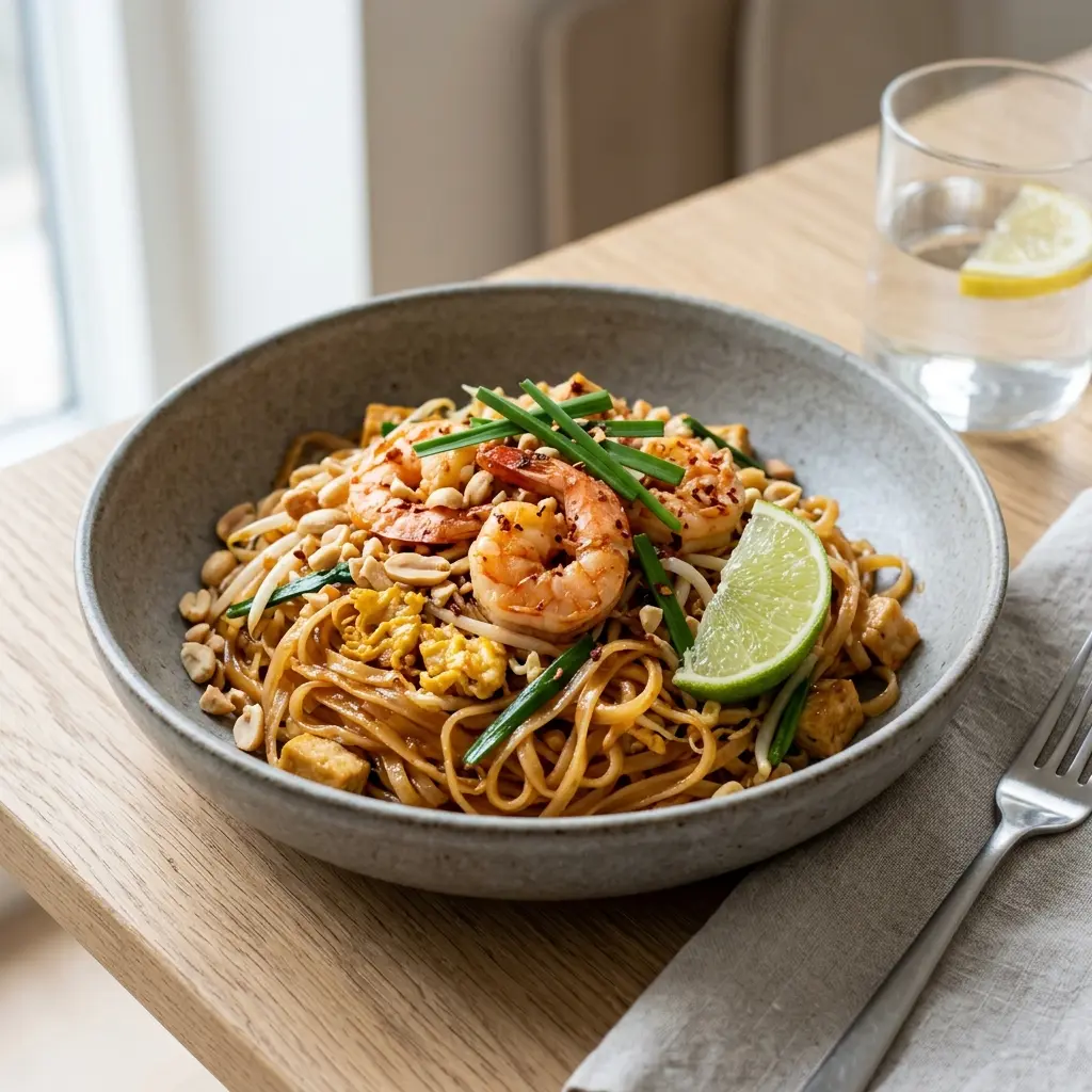 En lækker tallerken med autentisk pad thai med rejer pyntet med friske krydderurter og lime