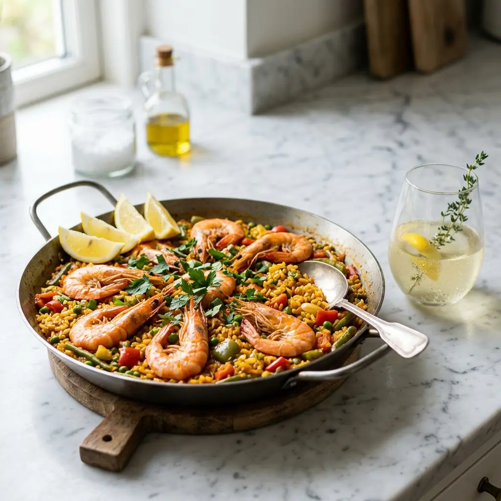 En smukt anrettet pælla med rejer serveret direkte fra en stor og klassisk paellapande
