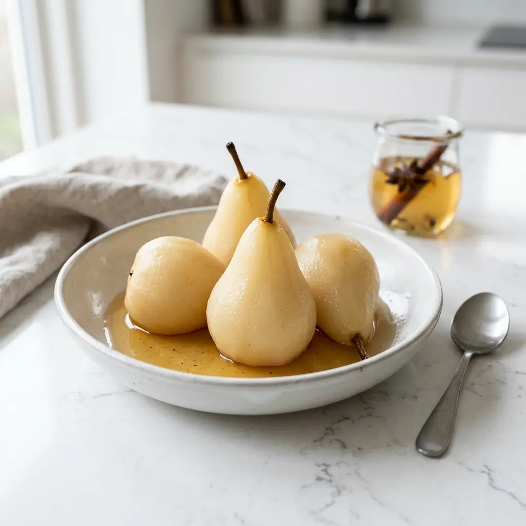 En tallerken med lækre pærer i sirup serveret som en klassisk og sød dansk dessert