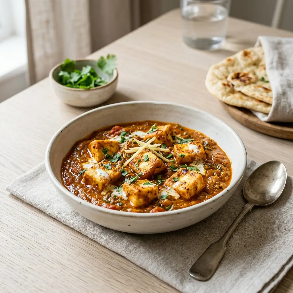 En skål med cremet paneer masala serveret med friske krydderurter og dampende varmt naan brød