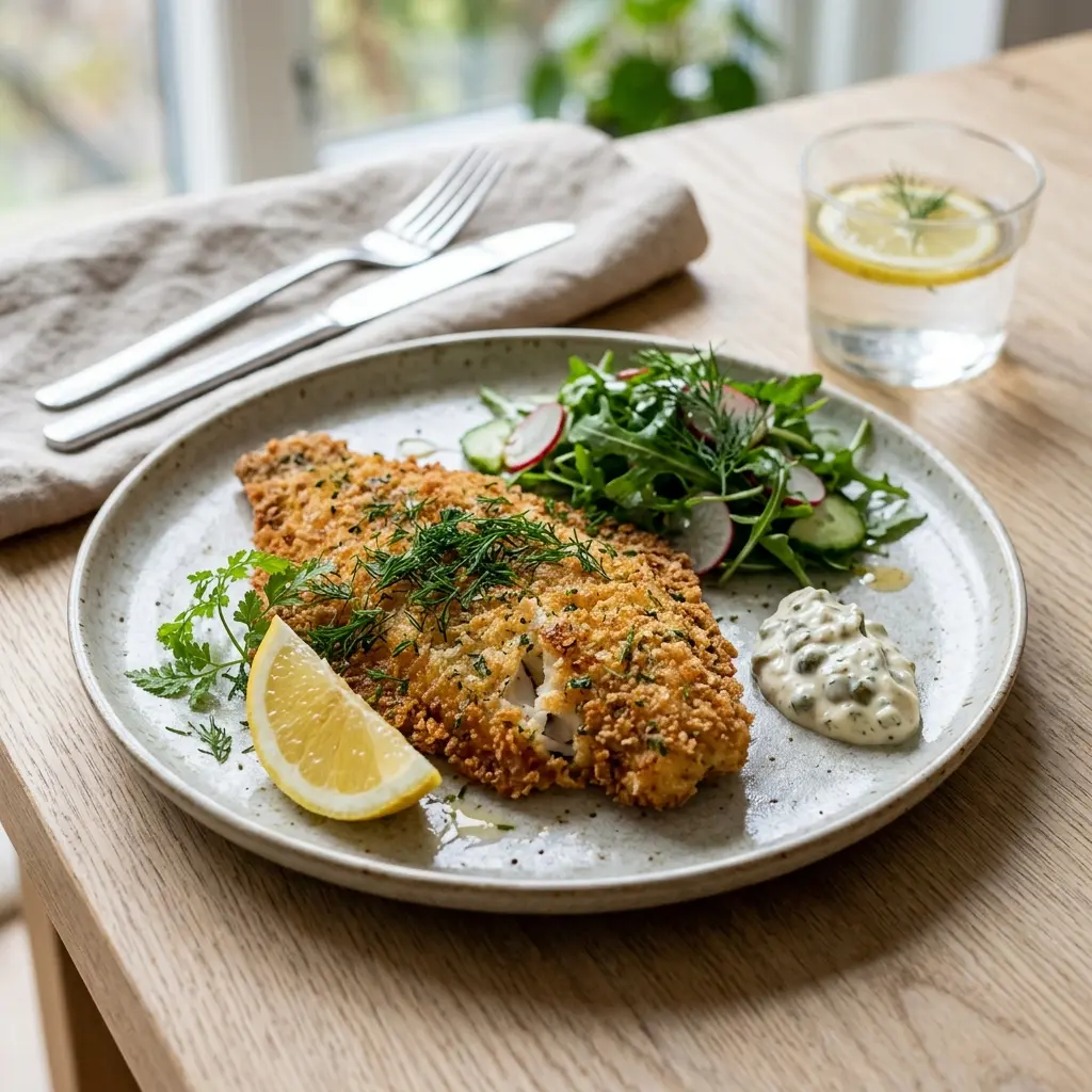 En tallerken med sprødstegt paneret ising serveret med friske krydderurter og en citronbåd ved siden