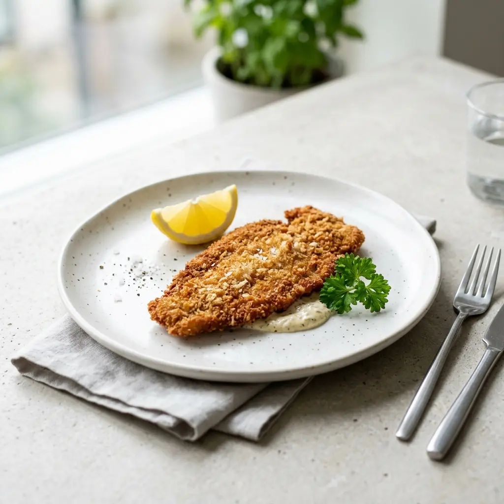 En lækker og sprødstegt paneret kalveschnitzel serveret på en hvid tallerken klar til servering