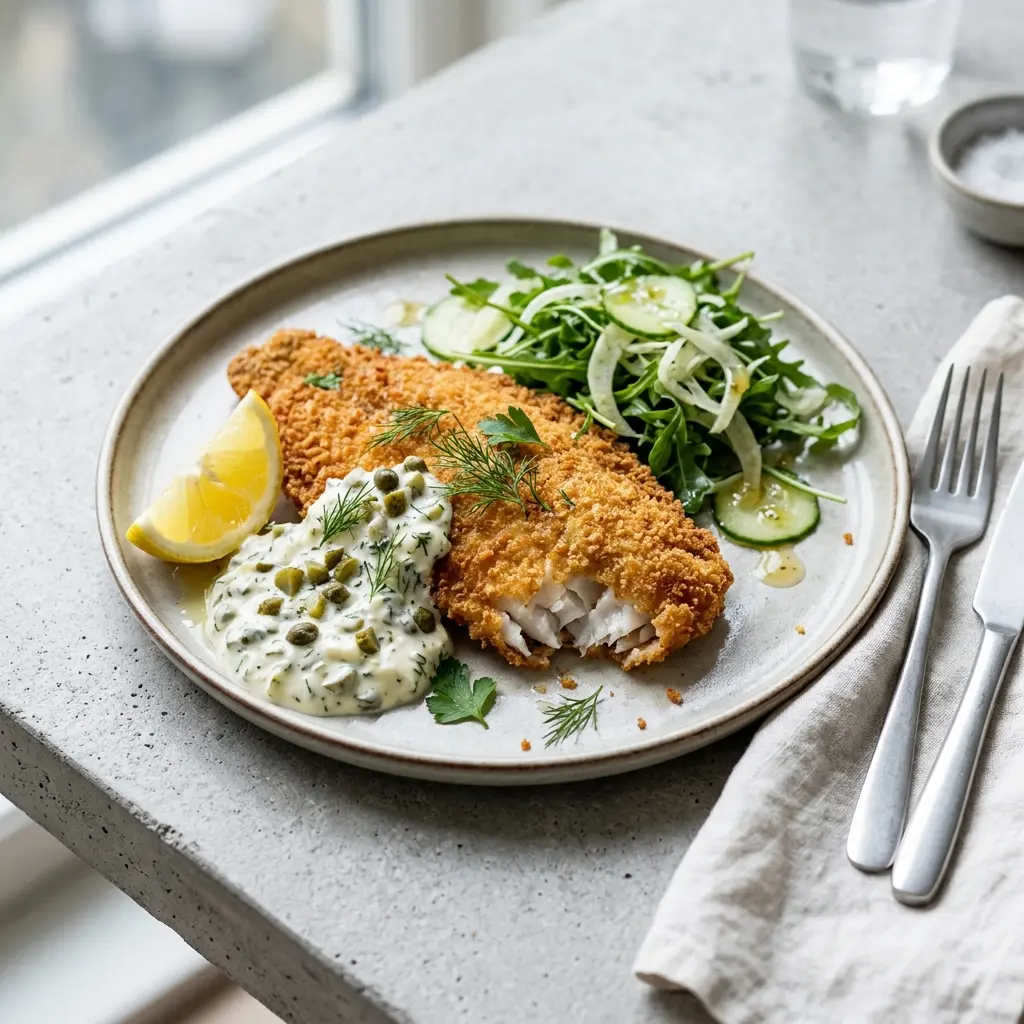 En lækker og sprødstegt paneret rødspættefilet serveret på en hvid tallerken klar til servering