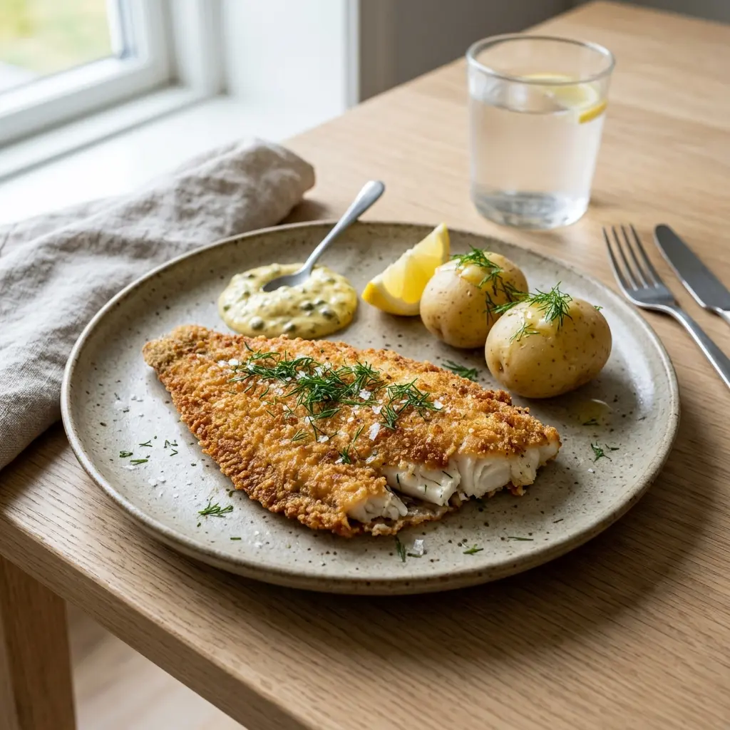 En lækker og sprødstegt paneret skrubbefilet serveret på en tallerken klar til at blive spist