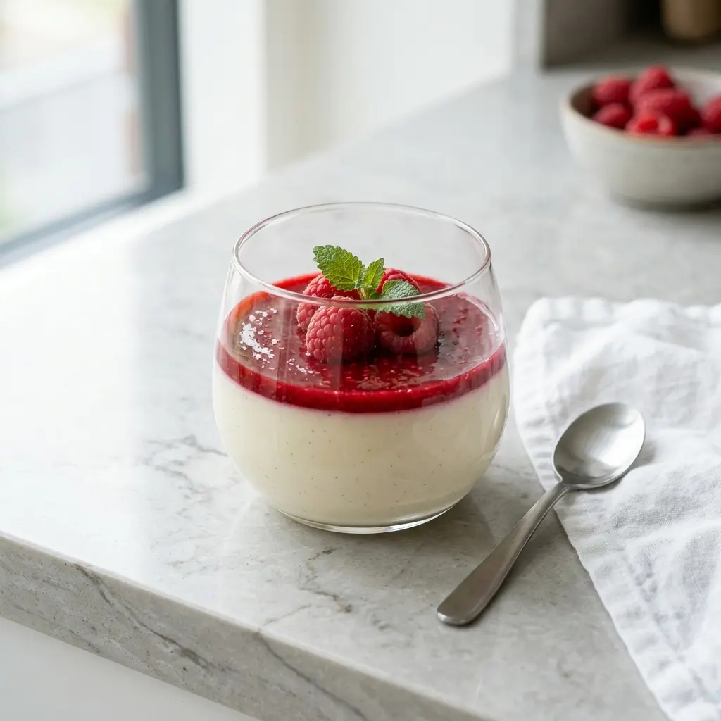 En elegant serveret panna cotta med hindbær pyntet med friske bær og en let hindbærsauce