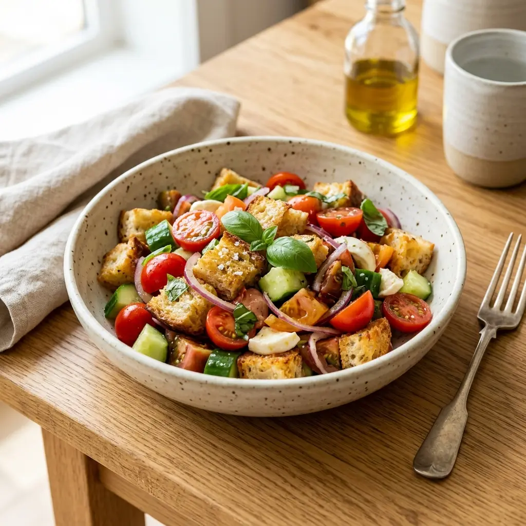 En frisk og farverig italiensk panzanella salat anrettet i en stor hvid skål til servering