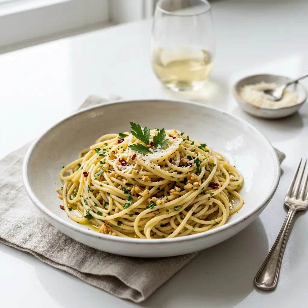 En tallerken med klassisk italiensk pasta aglio e olio toppet med frisk persille og hvidløg
