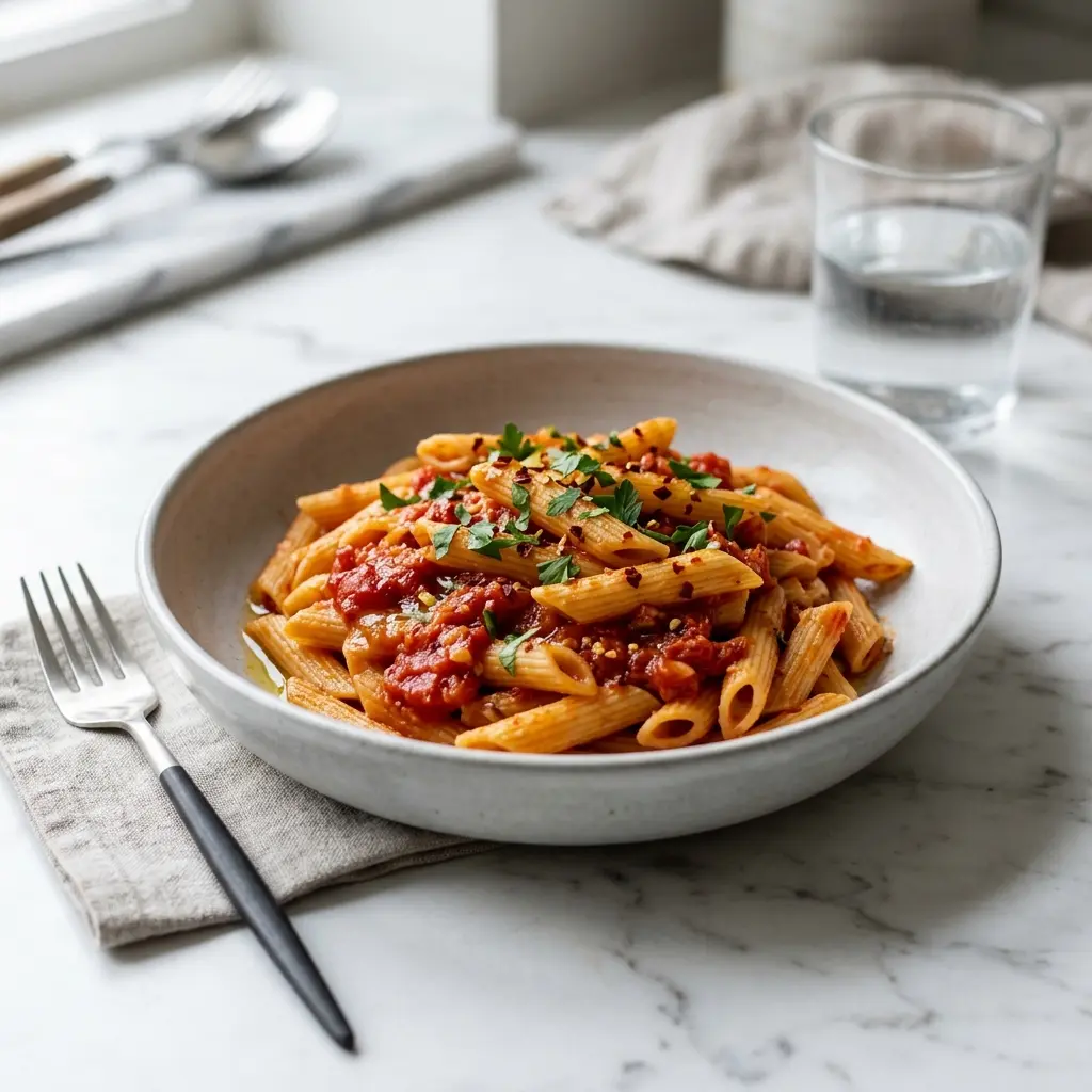 En lækker portion pasta arrabbiata serveret i en dyb tallerken med friskrevet parmesan og basilikum