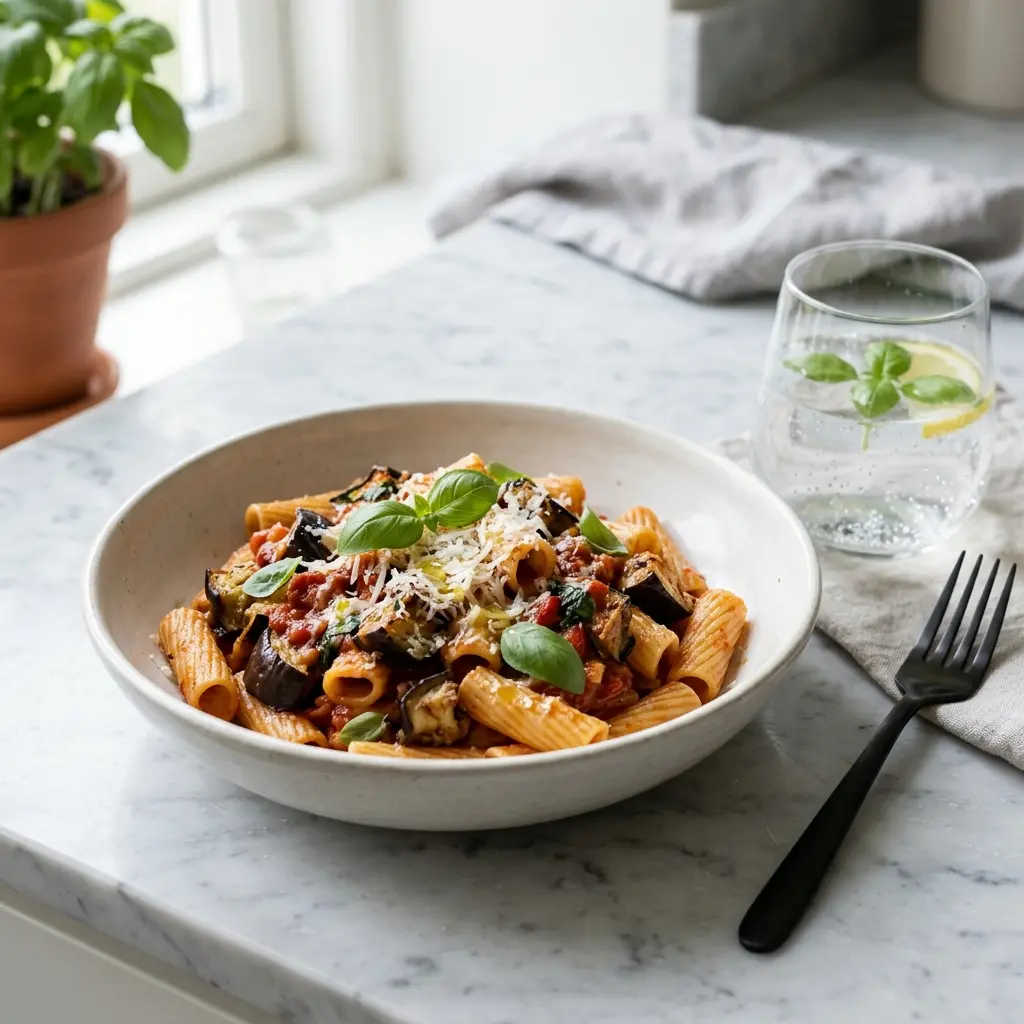 En lækker tallerken med cremet pasta med aubergine toppet med frisk basilikum og revet parmesanost