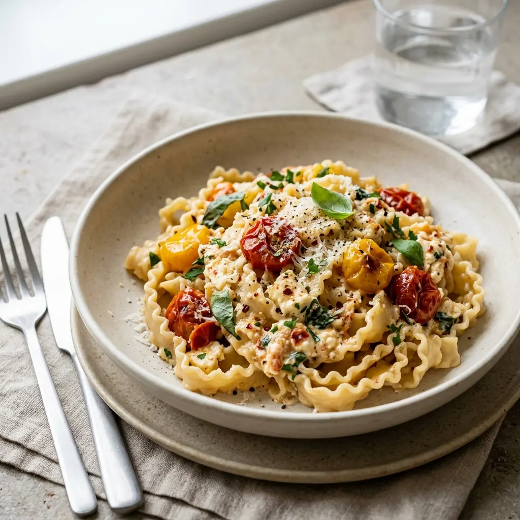 En lækker tallerken med cremet pasta med bagt feta toppet med friske krydderurter og olivenolie