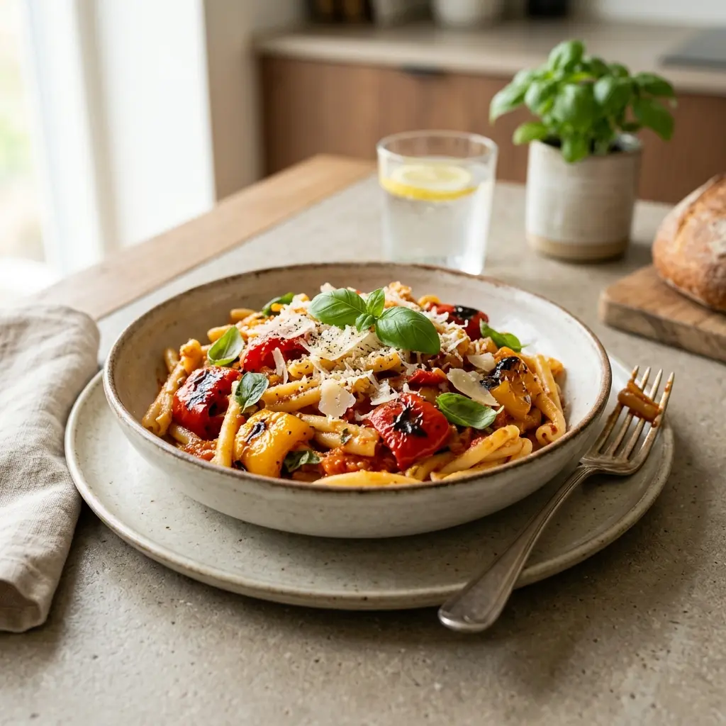 En lækker tallerken med cremet pasta med bagt peberfrugt toppet med friske krydderurter og parmesan