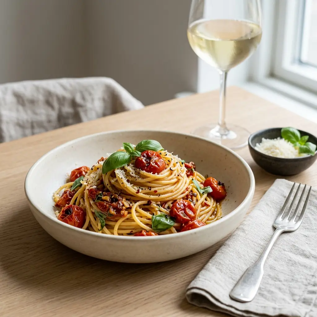 En lækker tallerken med pasta med bagte tomater toppet med friske krydderurter og olivenolie