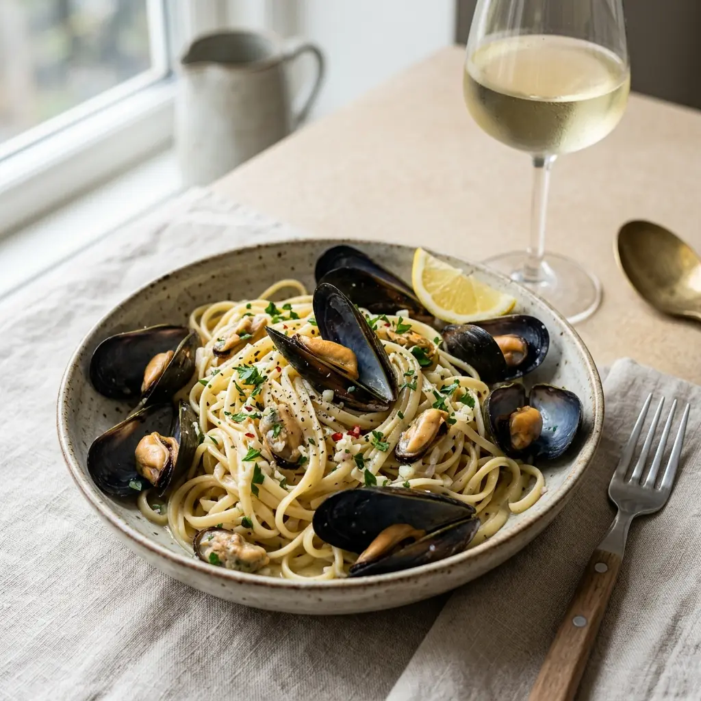 En lækker tallerken med pasta med blaamuslinger serveret med friske krydderurter og en let sauce