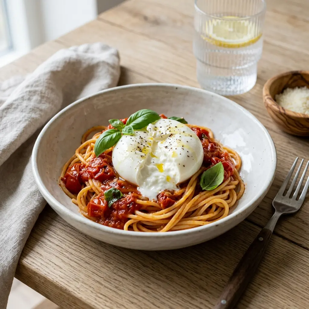 En lækker tallerken med cremet pasta med burrata pyntet med friske krydderurter og olivenolie