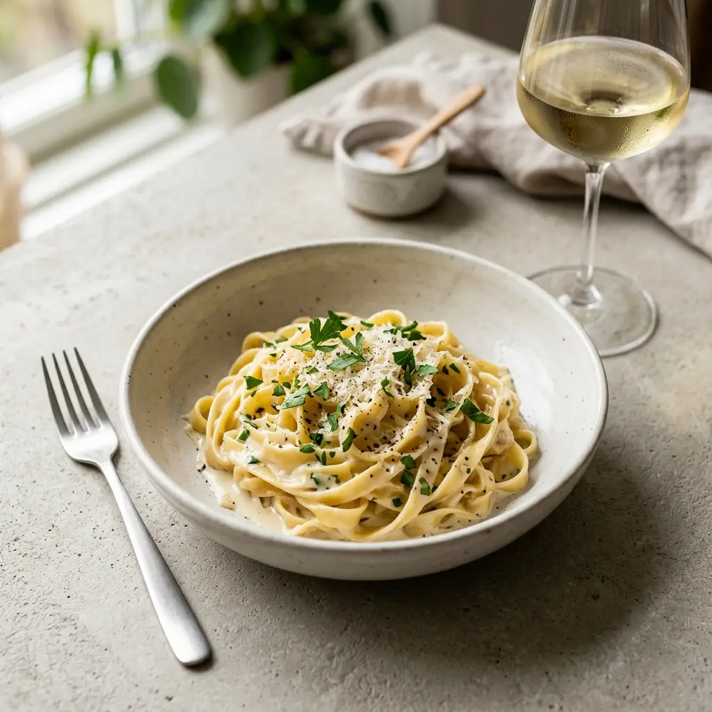 En lækker portion hjemmelavet pasta med flødesovs serveret i en dyb tallerken med krydderurter på toppen
