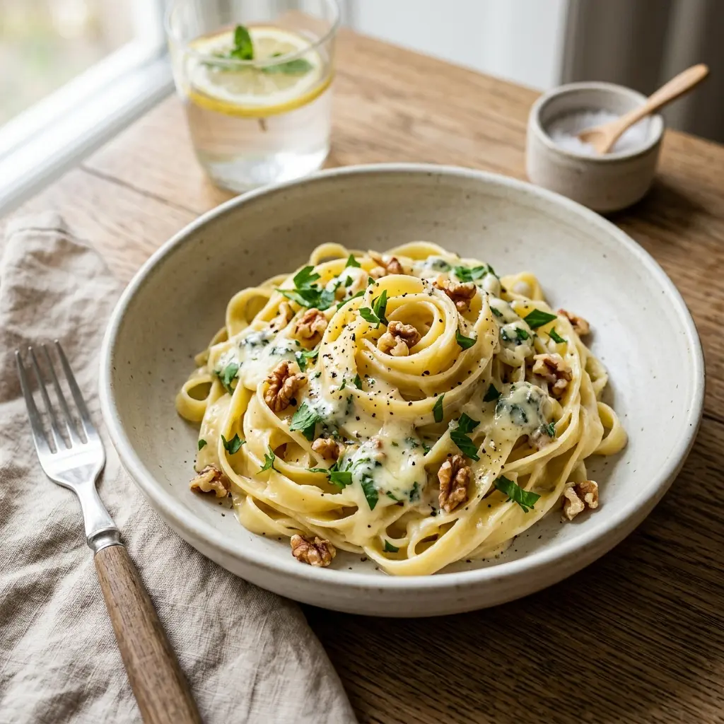 En lækker tallerken med cremet pasta med gorgonzola og valnødder serveret som en velsmagende hovedret