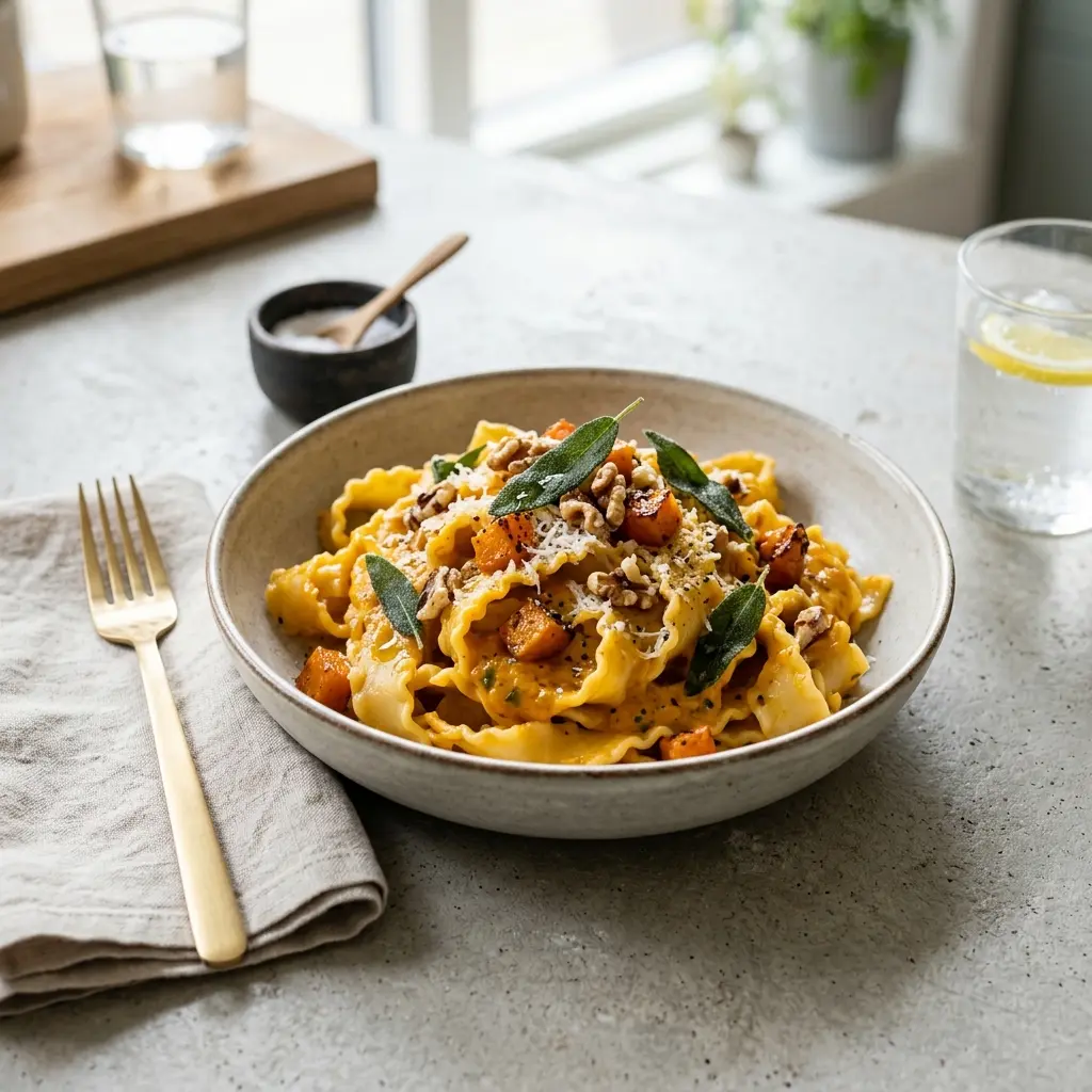 En lækker tallerken med cremet pasta med græskar toppet med friske krydderurter og revet ost