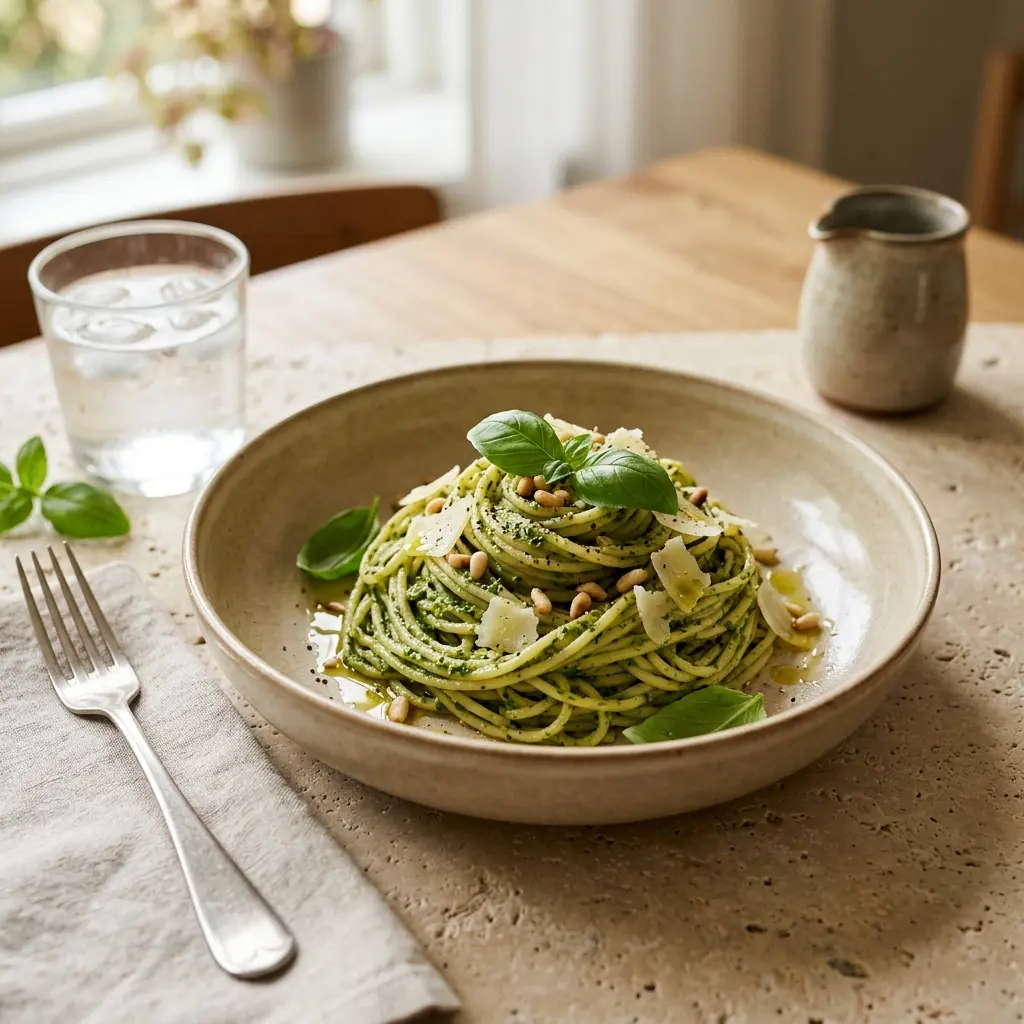 En lækker tallerken med frisk pasta med grøn pesto toppet med lidt revet parmesanost